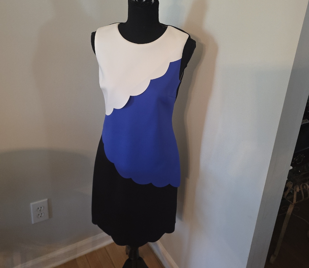 DKNY White, Blue & Black Scalloped Sheath Dress